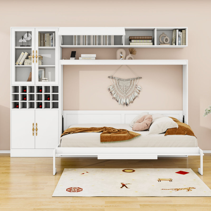 Lit escamotable avec canapé et USB, lumière Murphy, Blanc, Full / Double