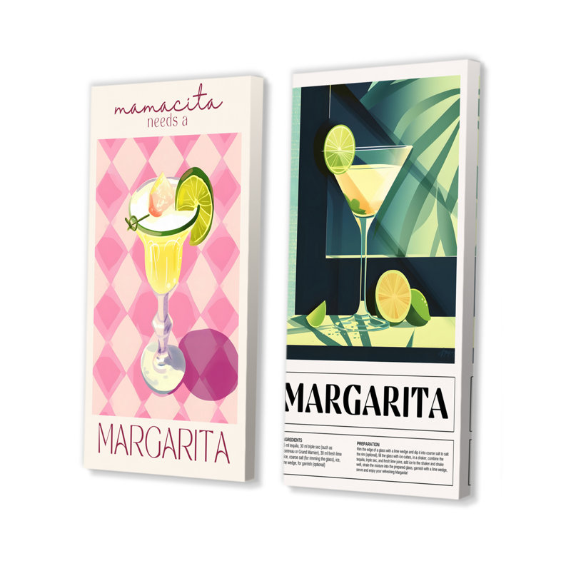 Margarita, ensemble de 2 pièces d'art mural cocktail avec tranche de lime, H 32 po x l 32 po, Toile tendue encadrée