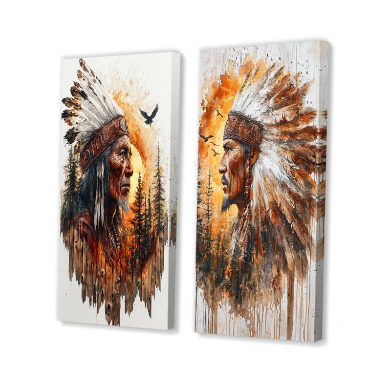 Native American Warrior Energy Of Forest I - People Canvas Prints 2 Panels Collection, 28" H x 25" W, Wrapped Canvas