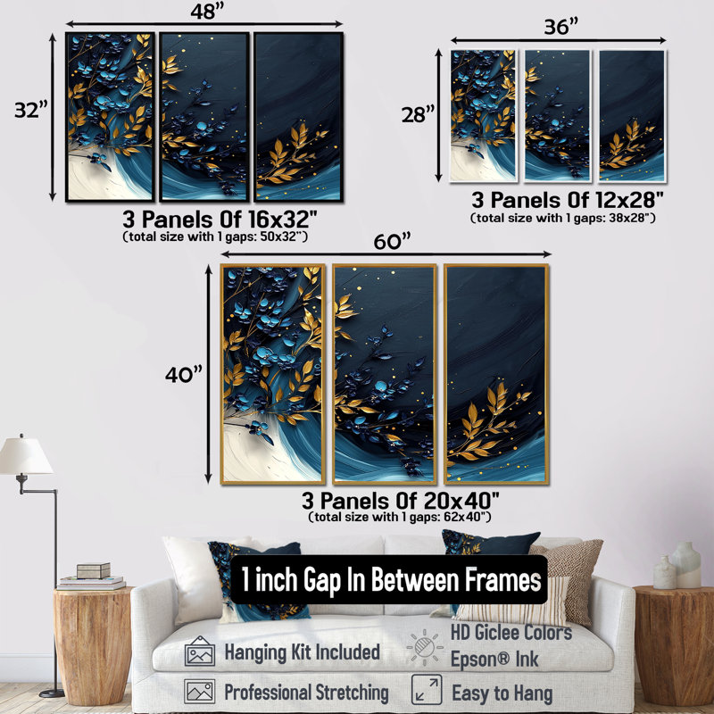 Ensemble de salon art mural fougères dorées et bleu clair au clair de lune, Toile avec cadre flottant noir