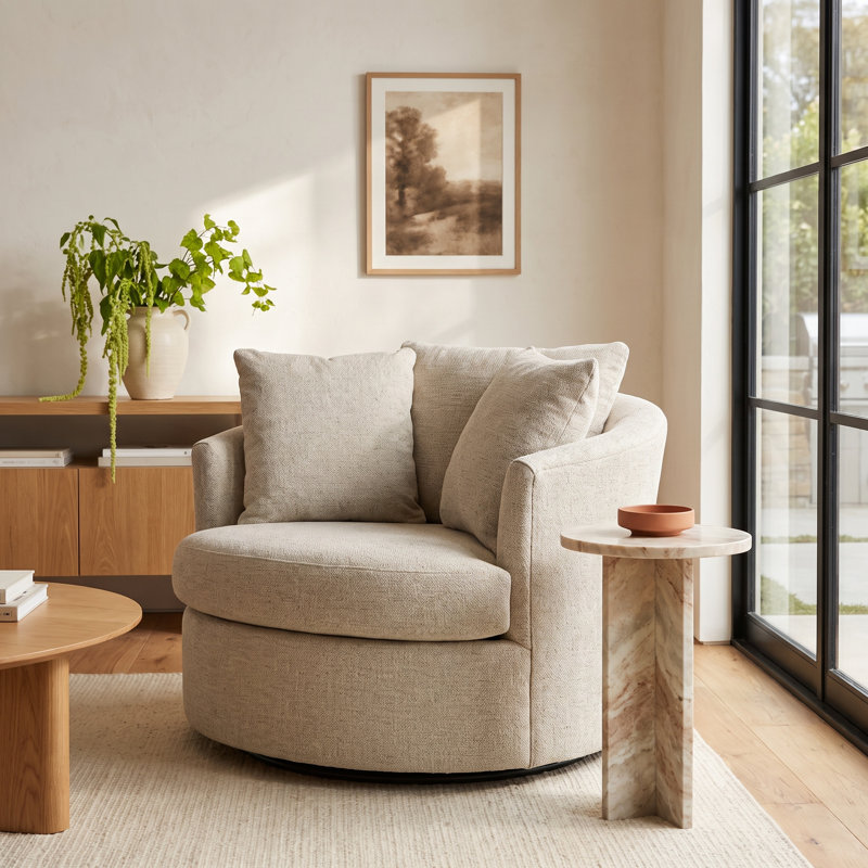 Lander Ventura 49'' Oversized Swivel Barrel Chair, Drift Linen Performance Chenille