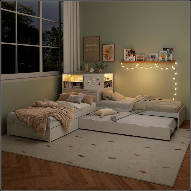 L-Shaped Combination Twin Bed with Trundle and Drawer, White