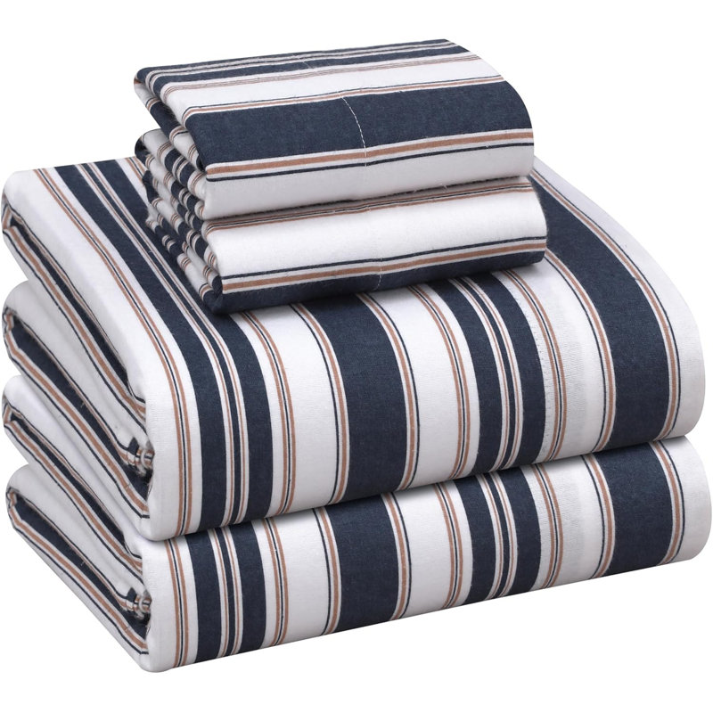 100% Cotton Flannel Sheet Set 4 Piece Warm Cozy Fall Sheets 16 inch Deep Pocket Bed Sheets, Maritime Striped