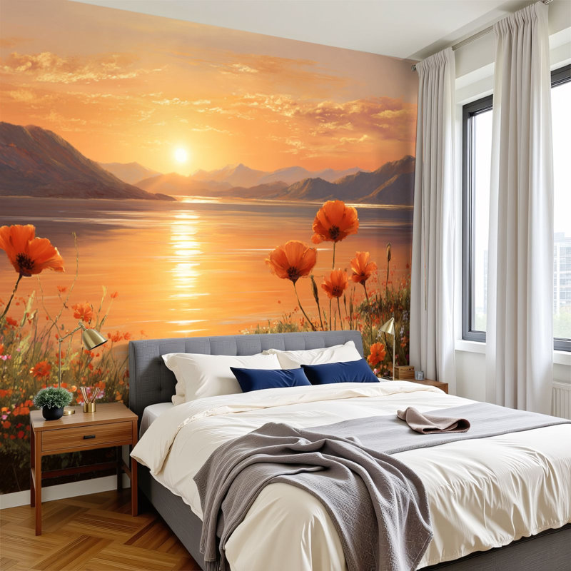 Papier peint adhésif auto-adhésif Sunset Lake Mountain, L 144 po x l 100 po