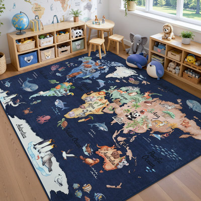 Kids World Map Area Rug, Machine Washable Non-Slip Floor Carpet