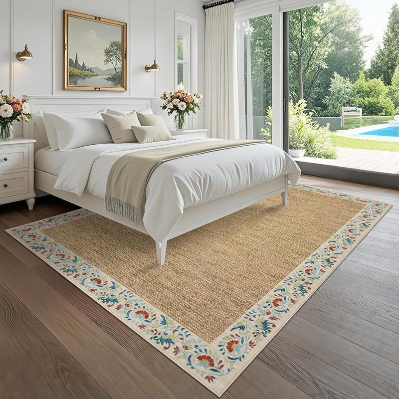 Floral Bordered Kitchen Rug – Minimalist, Non-Slip, Washable Runner for Hallways, Entryway, Bedroom, Rectangle 8' x 10'