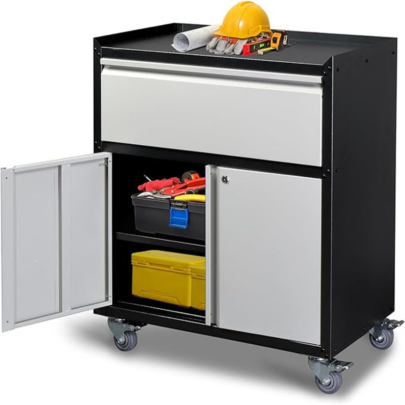 Garage Storage Cabinet With Wheels, Rolling Tool Storage Cabinet With 2 Lockable Door And 1 Drawer
