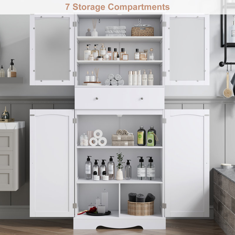 White 70.8'' Wooden Bathroom Cabinet with Glass Doors and Drawer