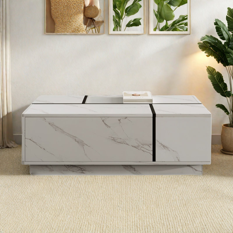 Rectangular Sliding Top Coffee Table With 2 Drawers And 2 Hidden Storage Compartments, White