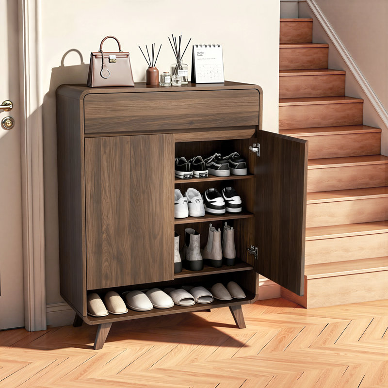 Shoe Cabinet with 2 Doors, Shoe Storage Cabinet with 1 Drawer & Rounded Corner, 4-Tier Shoe Rack with Adjustable Shelf, Shoes Cupboard for Living Room, Entryway, Hallway