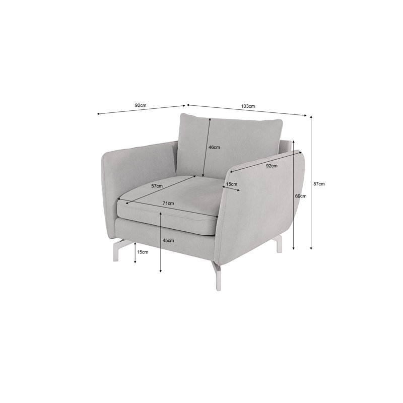 Modern Armchair  with Silver Metal Legs, Silver
