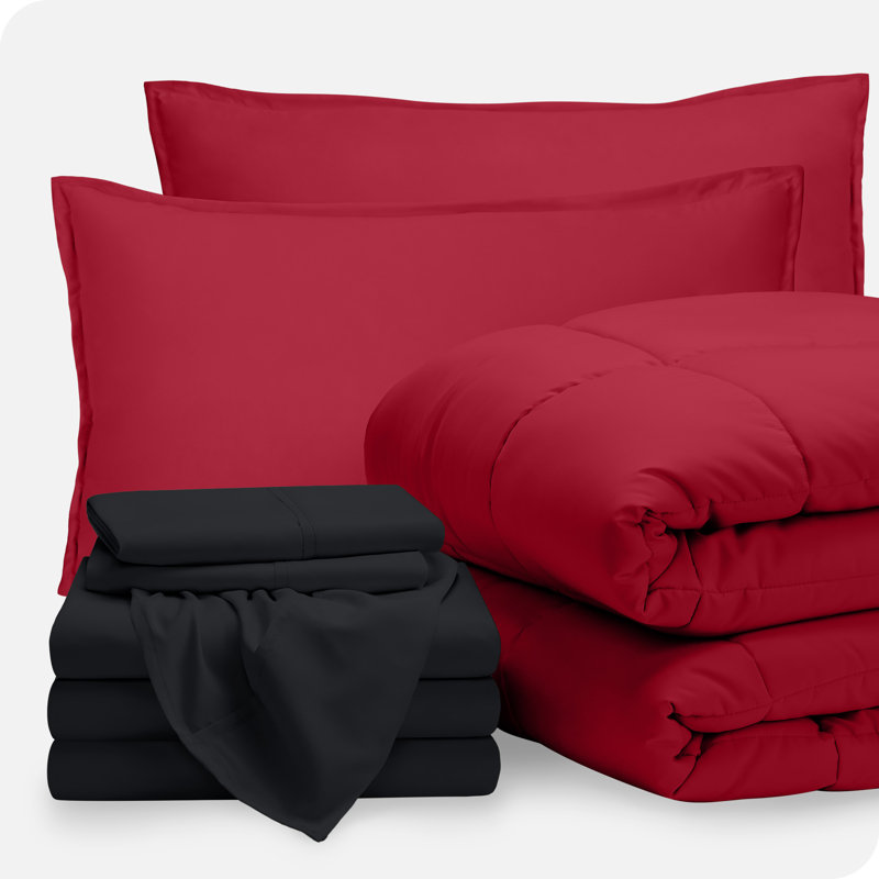 Lit dans un sac en microfibre 1800 de qualité supérieure 1800, Rouge/noir, Édredon très grand divisé et 7 pièces supplém