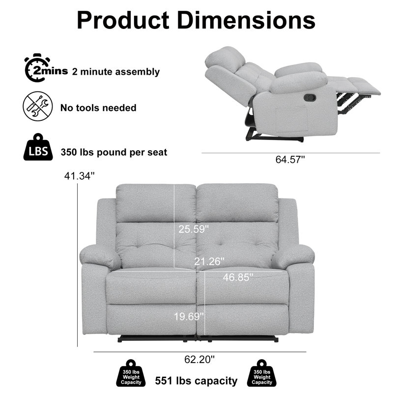 Lounger Reclining Loveseat Wall Hugger Dual Sided,With Side Pocket,Modern Manual Double Sofa-Light Gray