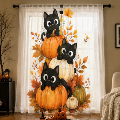 2 pièces rideaux de citrouille chat noir mignon, automne automne thème de l'Halloween imprimé rideaux de fenêtre pour salon chambre cuisine jardin décoration murale, maison