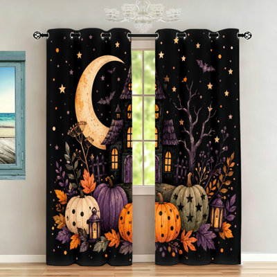 2Pcs Halloween Blackout Curtains, Spooky Haunted House Moon Pumpkin Print Window Drapes, Decorative Room Decor for Living Room Bedroom Kitchen home