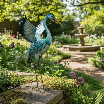 Solar Power Metal Heron Wing-Spread Décor Blue