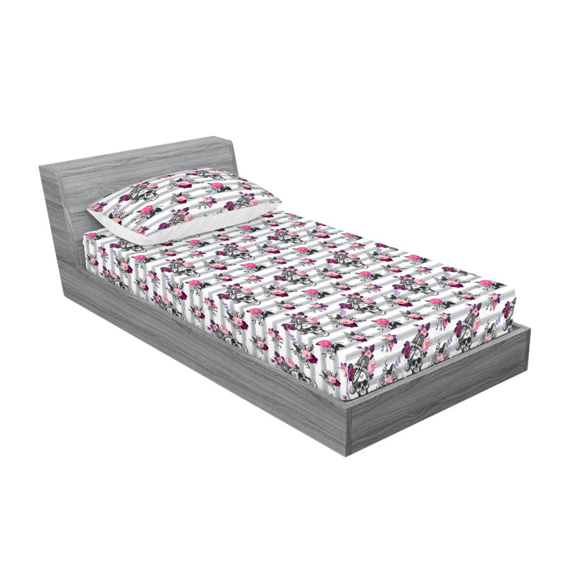 Ambesonne Fitted Sheet & Sham Set, Twin XL Sheet Set with 1 Pillowcase, White/Pink/Gray Floral 1
