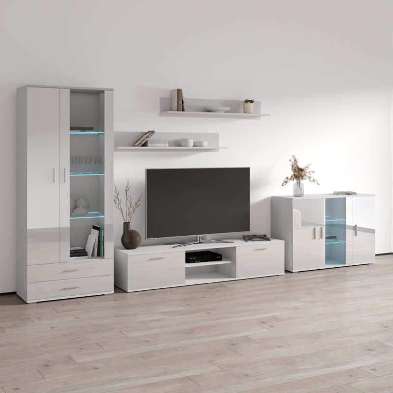 Sabala 150" Modern Entertainment Center with 16-Color LED Lighting, High Gloss Finish, Media Storage, White