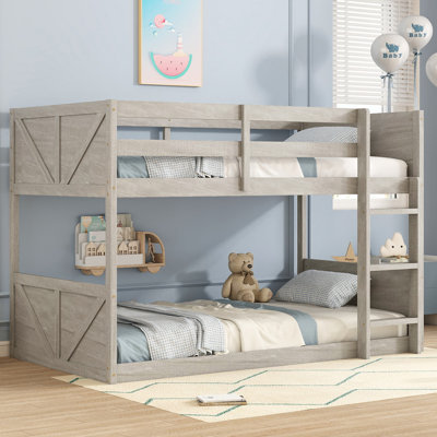 Lit superposé bas simple au-dessus de simple, structure en bois d'hévéa massif avec échelle intégrée et garde-corps de sécurité, lit superposé simple pour enfants peu encombrant, pas de sommier requis, assemblage facile, blanc antique