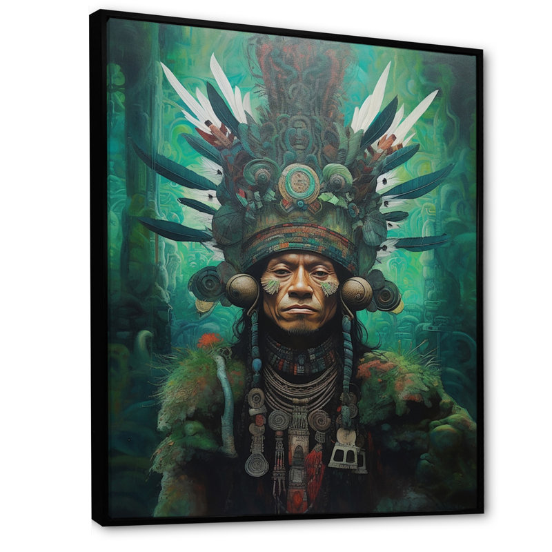 Indigène chaman Amazon Feather coiffe sur toile, H 32 po x l 24 po x P 1 po, Cadre flottant noir