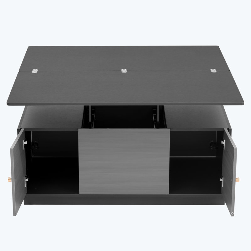 Table basse à plateau relevable, table basse, table de salon avec rangement, Noir, Gris