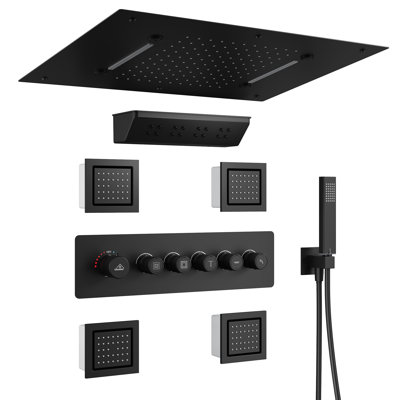 23" L x 16" W 5-Function Flush Mount Thermostatic Shower System With Neck Massage Spout and 4 Body Jets