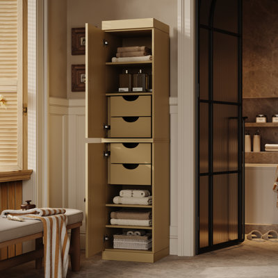 Armoire de rangement de salle de bain 100% bois massif, portes à panneaux surélevés, 4 tiroirs, tablettes réglables, 16,5 po de largeur, 71,5 po de hauteur