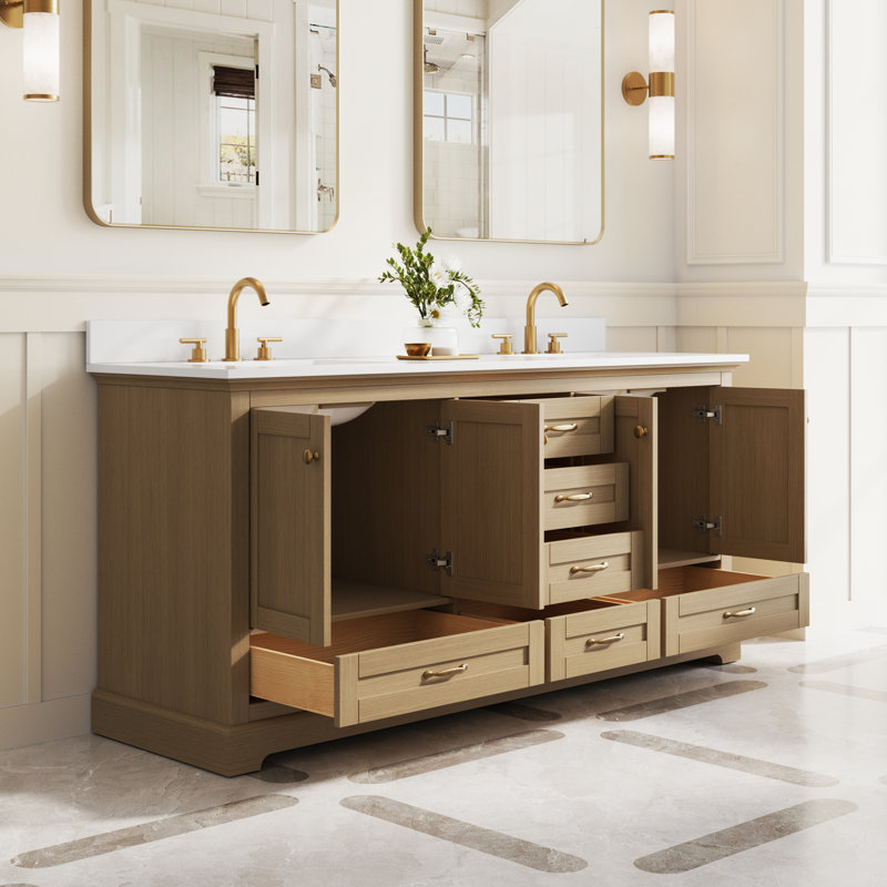 72''Wx34.2''H Freestanding Bathroom Vanity With White Cultured Marble Countertop And Sink,Oak, 72'', Oak, Gold