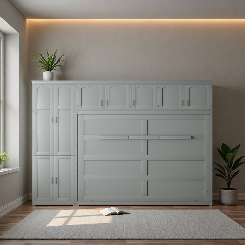 Grand lit escamotable mural avec armoires, Gris