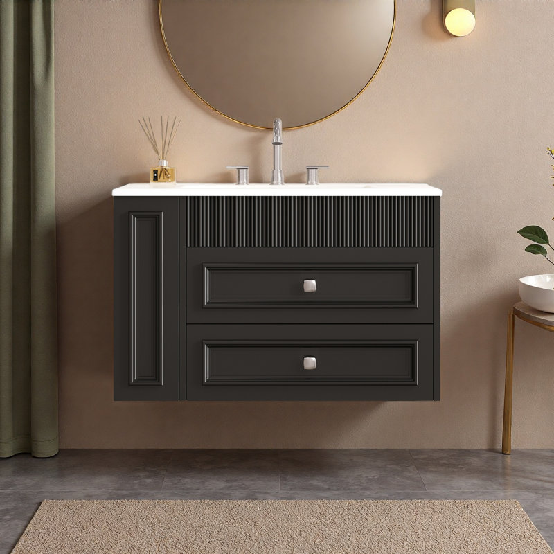 Meuble-lavabo mural de 30 po, armoire de rangement flottante avec 2 tiroirs, lavabo simple en céramique à 3 trous, armoire moderne.