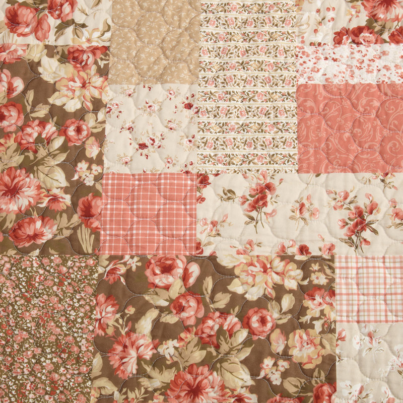 Harrietta Patchwork Pink and Beige Cotton Reversible Quilt Set
