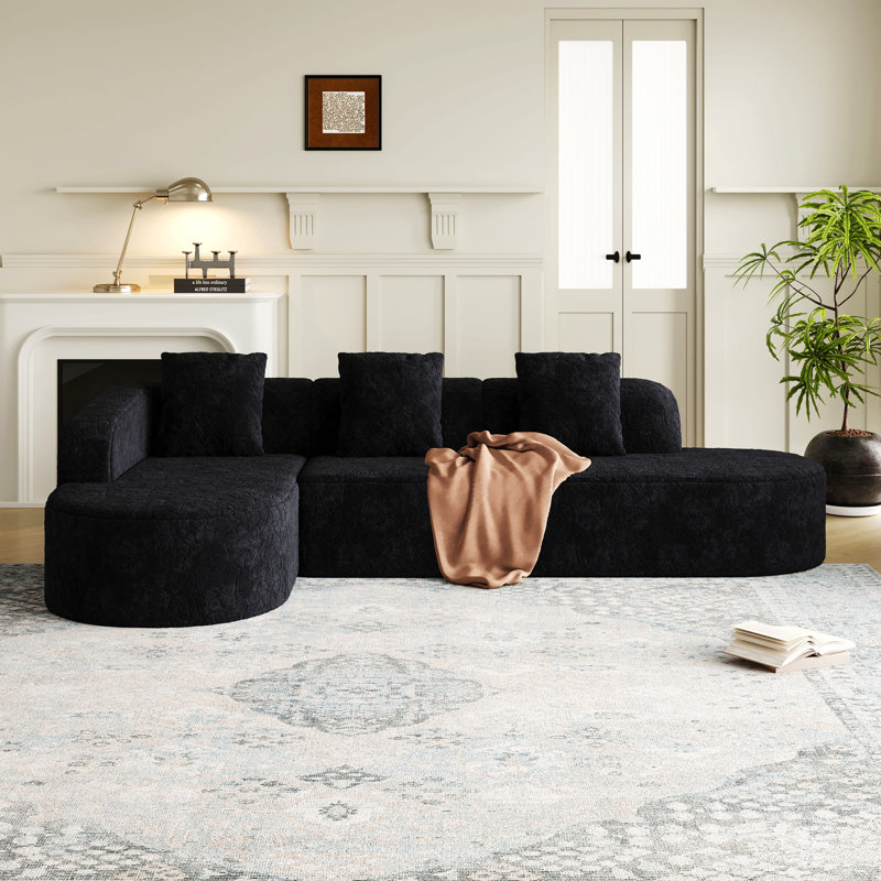 Canapé modulaire incurvé en forme de L de 111,8 pouces, design moderne avec tissu en polyester à poils longs texturé litchi, dossier incurvé avec trois coussins