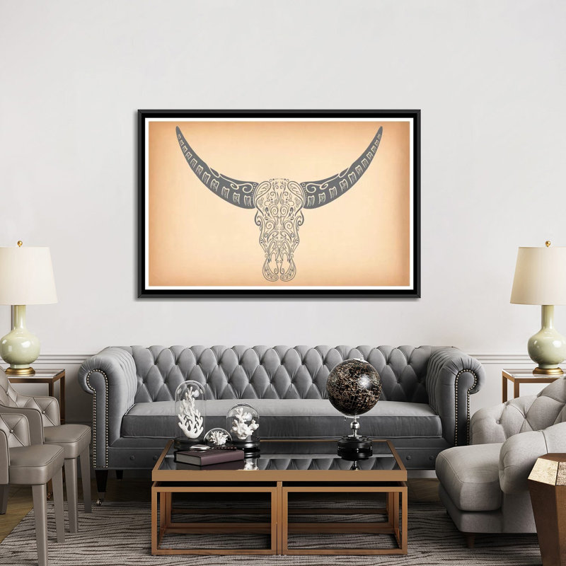 «Longhorn Sugar Skull», impression sur toile, H 40 po x l 60 po x P 1,5 po, Toile encadrée noire, Pas de tapis