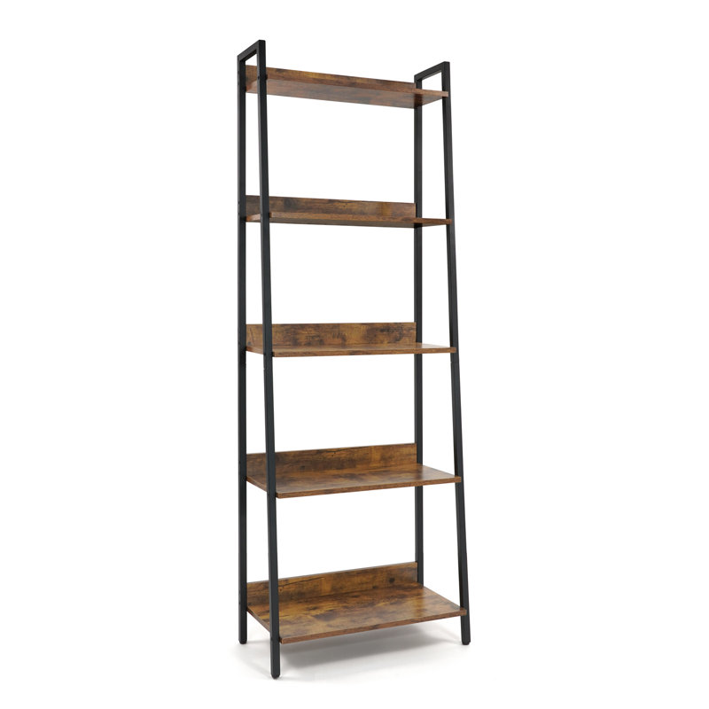 Rustic Oak and Matte Black 5-Tier Ladder Bookshelf