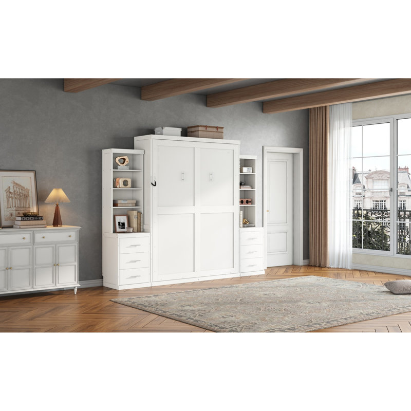 Lit escamotable blanc pleine grandeur avec étagères et tiroirs de rangement ouverts, lit mural escamotable gain de place pour les petits appartements