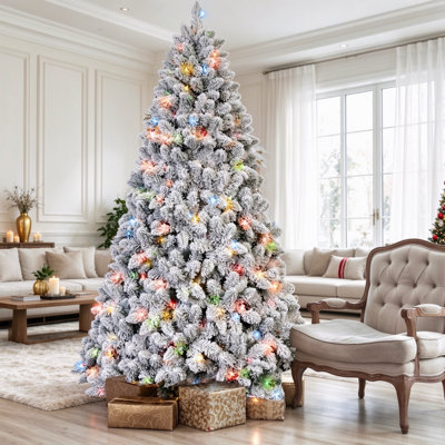 Sapin de Noël floqué de 1,80 m, 350 lumières colorées homologuées UL, 36 pommes de pin naturelles, 888 pointes de branches enneigées en PVC, branches articulées, support métallique stable, montage facile pour la décoration intérieure des fêtes