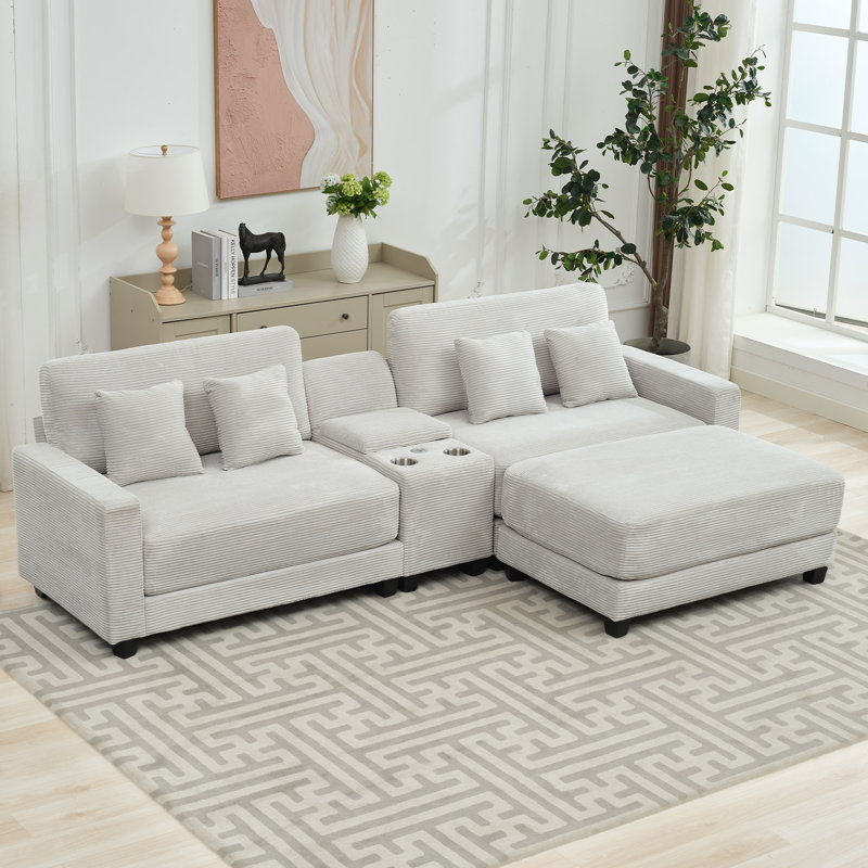 Cottie 111.8" W 3-Piece Reversible Corduroy Sectional, Gray Corduroy