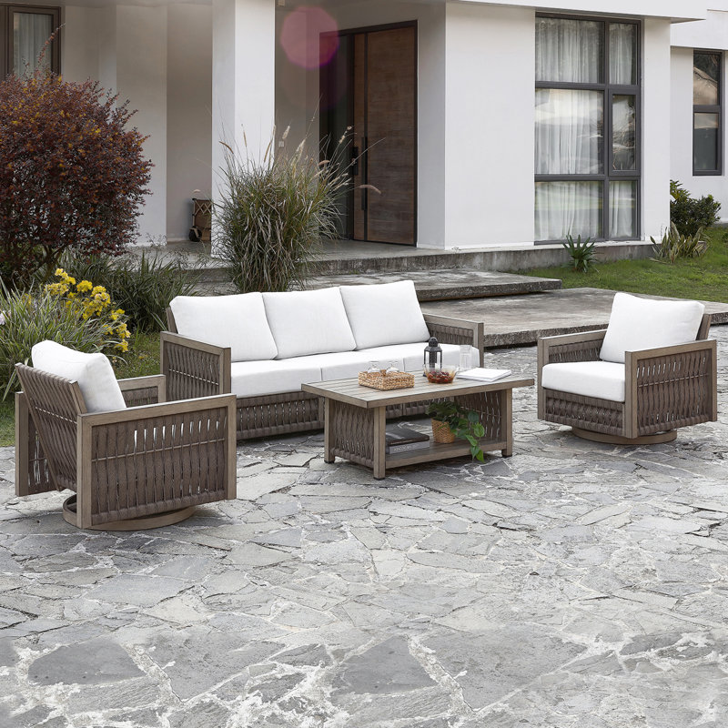 Seehill 4 Pieces Outdoor Furniture Set, Aluminum Swivel Patio Conversation Set With Thick Washable Cushions, Rope Weave Outdoor Sofa Set, Deep Seating Sofa Set For Garden, Pool, Porch, Gray Oak