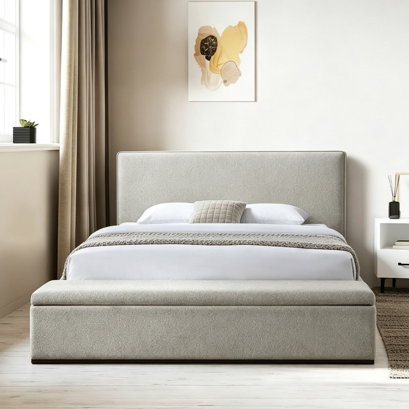 Modern Beige Chenille Upholstered Platform Bed