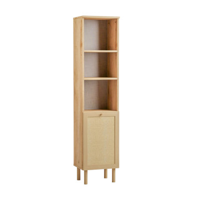 Rattan Panel Tall Bookcase with Open Display Shelves and Lower Cabinet Door, Natural Oak
