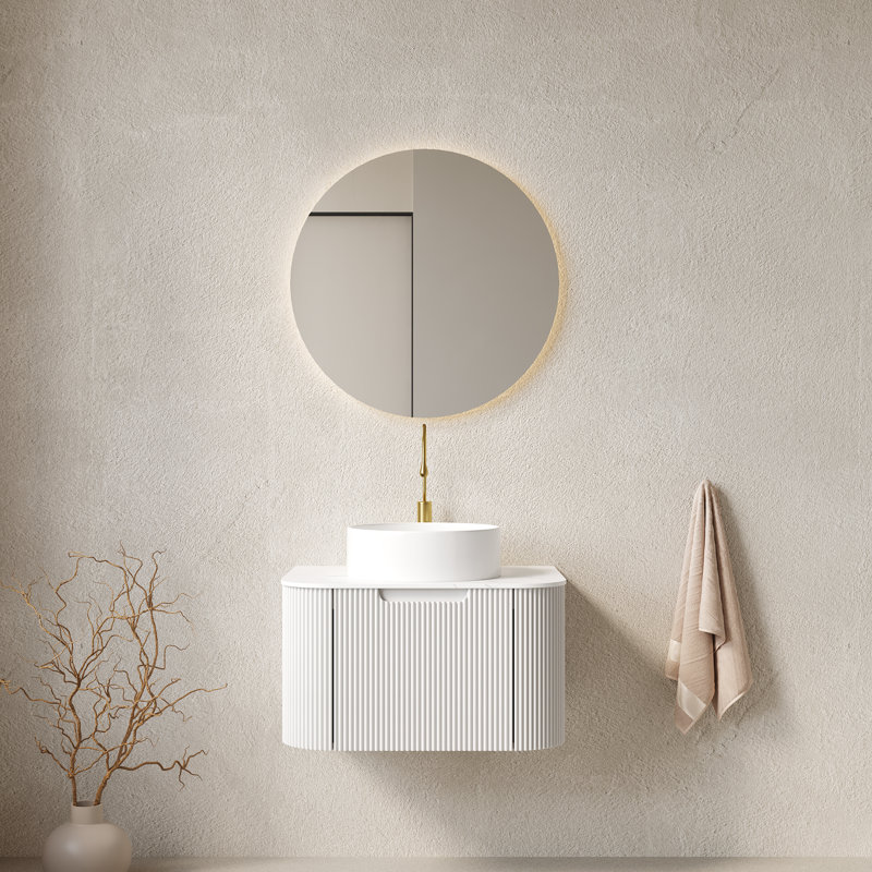 Meuble-lavabo moderne avec rangement, lavabo en céramique blanche et plateau en pierre frittée, conception peu encombrante