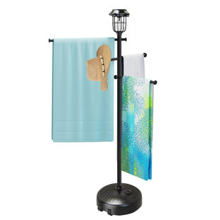 Sturdy & Solar-Powered Pool Towel Rack Outdoor - Adjustable Towel Racks with Wheels & Lights for Backyards