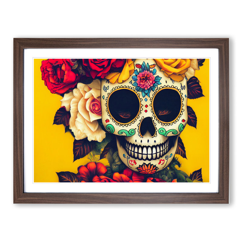 Magnificent Floral Sugar Skull - Single Picture Frame Print, 46cm H x 64cm W x 2cm D, Walnut