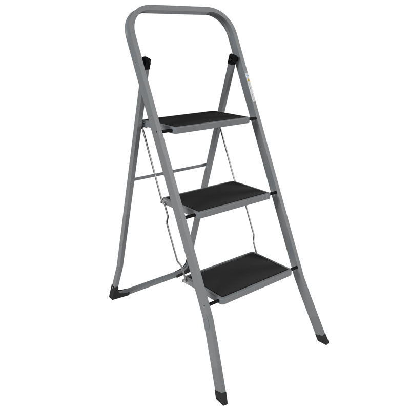 3.45 ft Steel 3 Step Ladder, Heavy Duty Steel, Folding, Portable With Anti-Slip Mat, Grey