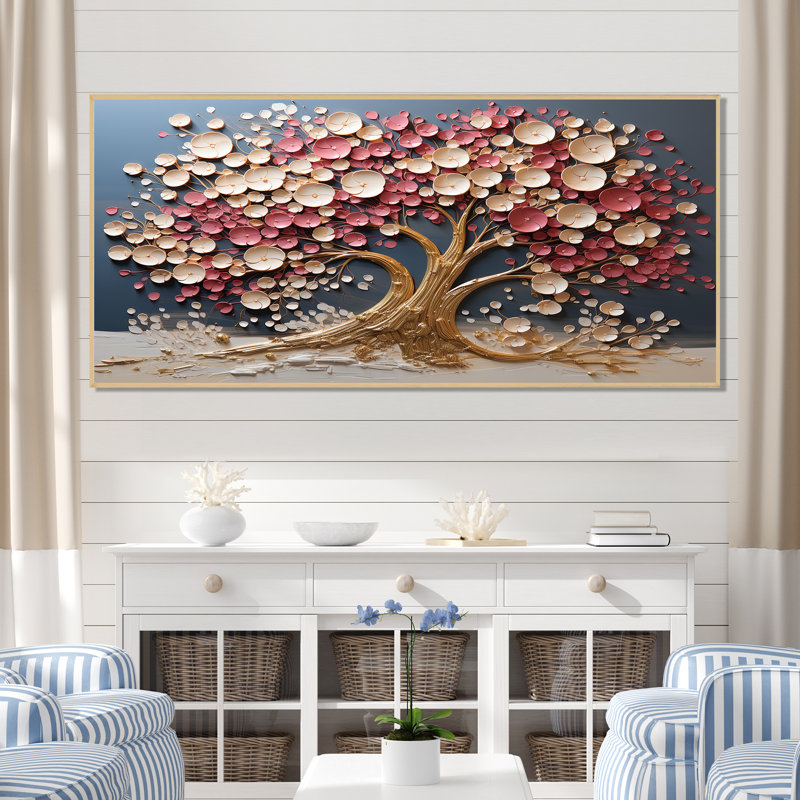 Orchidée rose et or, jardin de branches VI - arbre, art mural, Cadre flottant brun, H 28 po x l 60 po x P 1,5 po