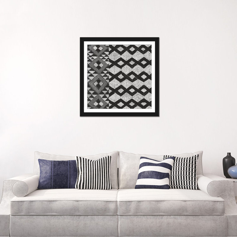 «Kuba Tissu Mat I, B&W», impression sur toile, H 16 po x l 16 po x P 1 po, Papier d'art encadré noir, Blanc