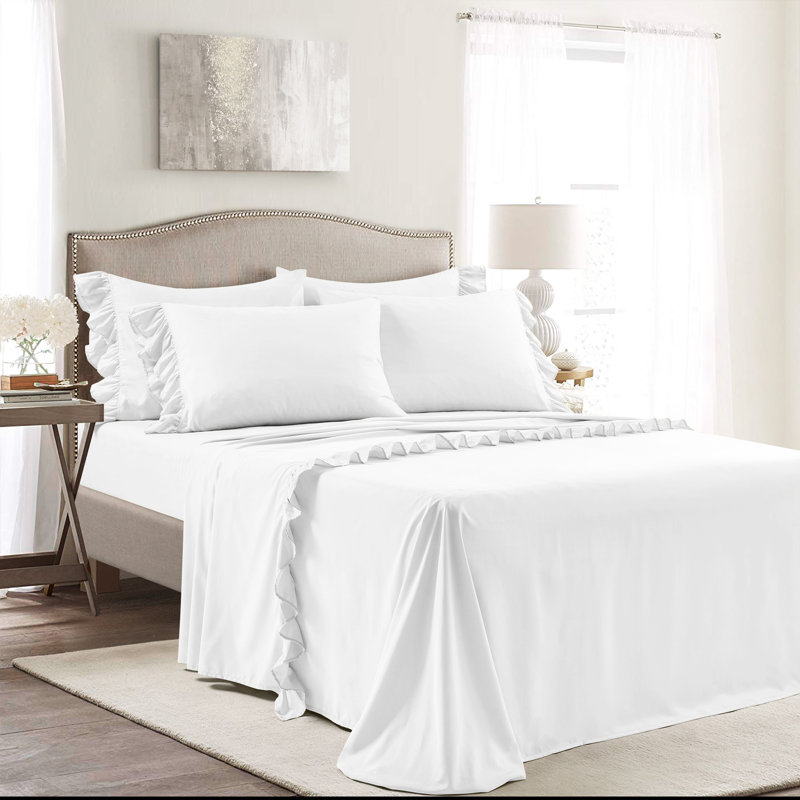 Ensemble de draps en microfibre Reyna Ruffle, Ensemble de draps pour grand lit avec drap-housse , Blanc