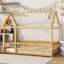 Lit en bois pour lit simple avec structure de toit, garde-corps de sécurité, naturel-143008220-143008221