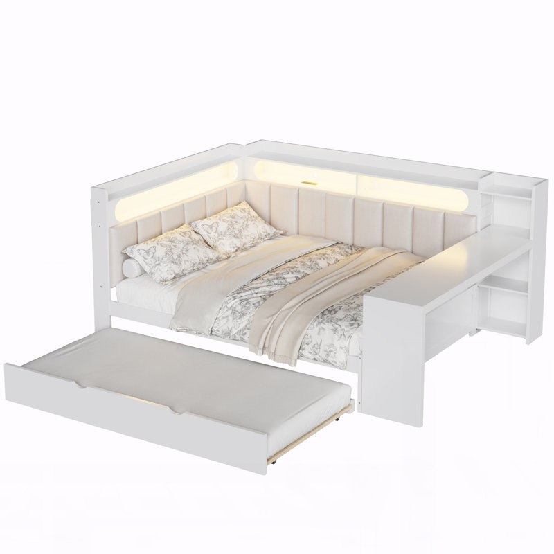 Full Size Daybed with Storage Shelves,Trundle,Charging Station,LED Light, White