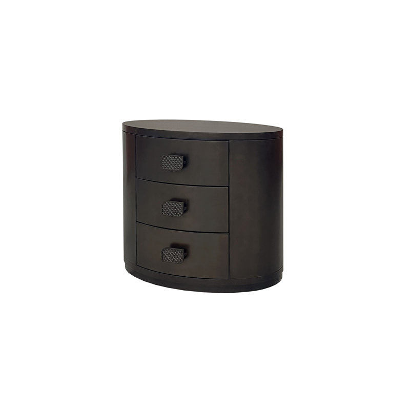 Table de chevet ovale à 3 tiroirs Carstens - Table de chevet en placage d'eucalyptus avec chargement USB et tiroirs à fermeture en douceur